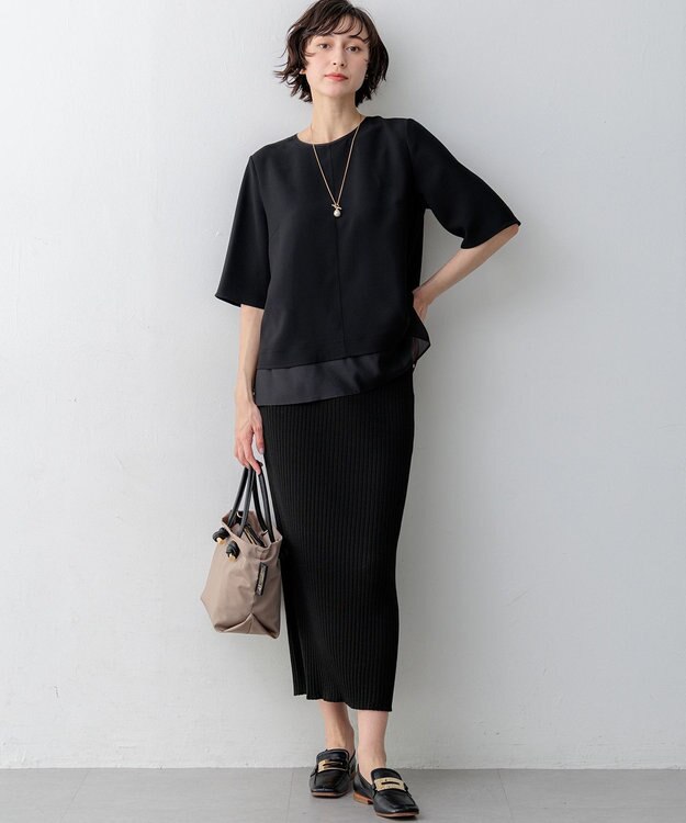 23区 S 【吸水速乾/UVカット/接触冷感】ストレッチジョーゼット シアーコンビ カットソー ブラック系