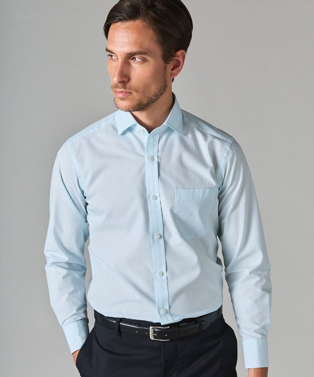 GOTAIRIKU 【形態安定】PREMIUMPLEATS_スモールワイドカラー 通年ドレスシャツ サックスブルー系