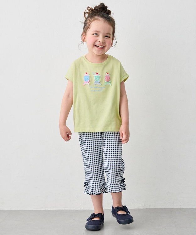ANY KIDS 【綿100%】ひんやり フレンチスリーブ サガラ刺繡Tシャツ ライム×ジュース