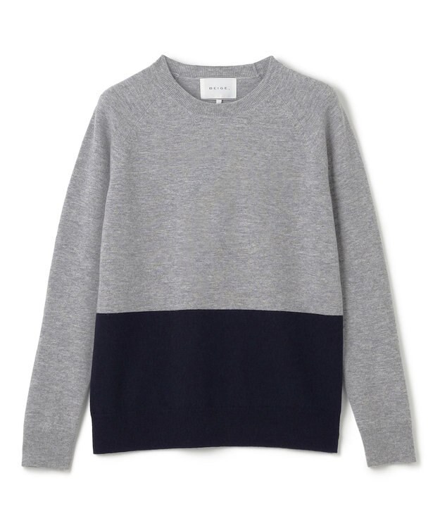 BEIGE， 【WEB限定・洗える】DEMING / バイカラーウールクルーネックニット Lt. Gray × Navy