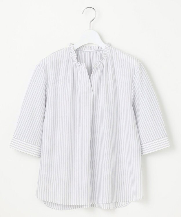 J.PRESS LADIES L ストライプジャージー フリル襟 カットソー ふじ色系1