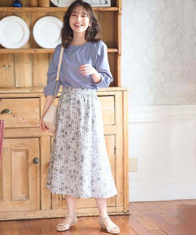 ANY SIS 【洗える】ラインフラワーストライプ スカート アイボリー系