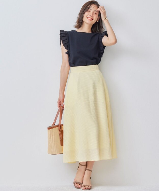 組曲 ステッチストライプドビー フレアスカート シェルイエロー系