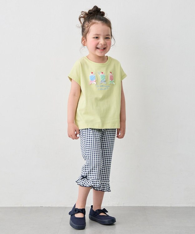 ANY KIDS 【綿100%】ひんやり フレンチスリーブ サガラ刺繡Tシャツ ライム×ジュース
