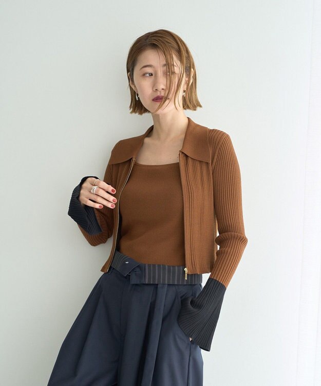YECCA VECCA 【2点SET】キャミセット襟付きZIPカーディガン Camel