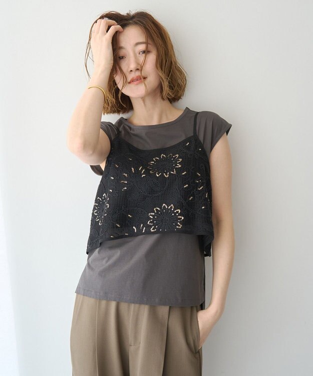 YECCA VECCA 【2点SET】刺繍メッシュキャミセットコットンTee Black