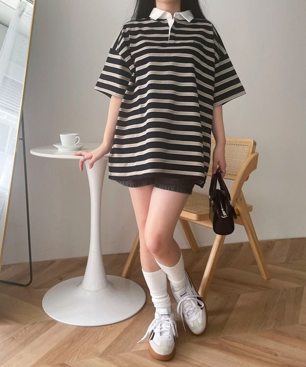 WEGO ボーダーラガーシャツ ブラック