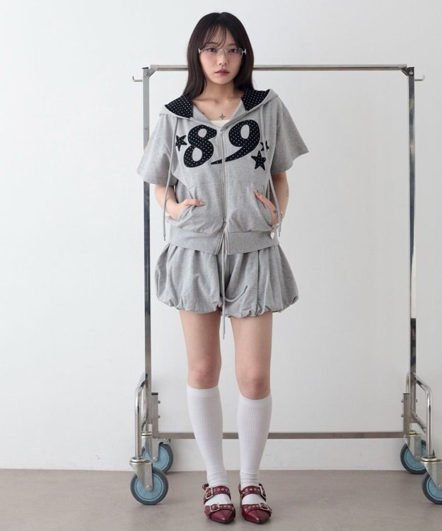 WEGO グラフィック半袖ZIPパーカー 杢グレー