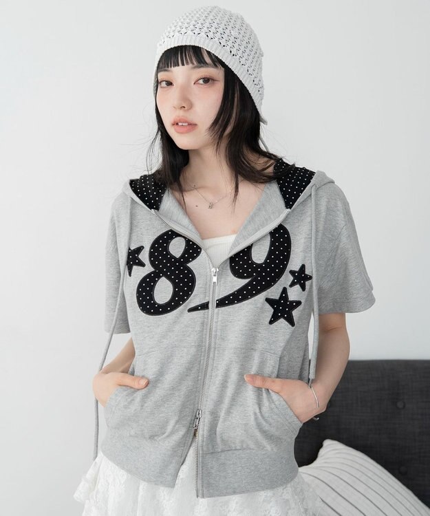 WEGO グラフィック半袖ZIPパーカー 杢グレー
