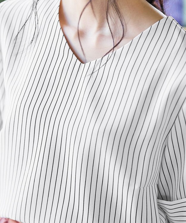 Tiaclasse L 【洗える】ゆったりシルエットの幅広カフスブラウス オフストライプ