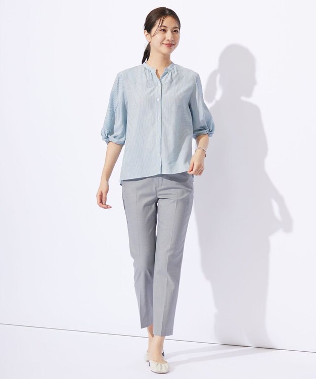 J.PRESS LADIES 【洗える】バイカラーギンガム&ストライプ ブラウス シーブルー系1