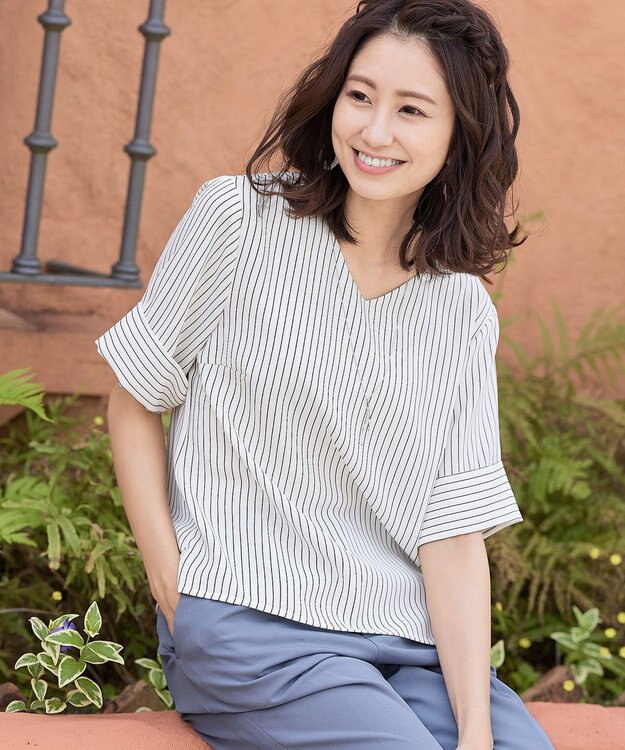 Tiaclasse L 【洗える】ゆったりシルエットの幅広カフスブラウス オフストライプ