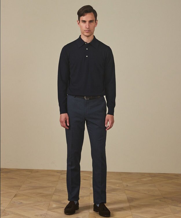 GOTAIRIKU オリジナル設計【洗える/チクチクしにくい/ピリングしにくい】イタリア糸 ハイゲージ  ニットポロ_WOOL100% ネイビー系