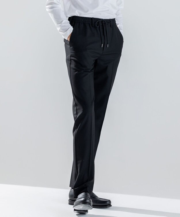 JOSEPH HOMME 新素材【ストレッチ/ウエストゴム仕様】ウール混キャリーマンストレッチ ドロスト付ストレートパンツ / HOVE ブラック系
