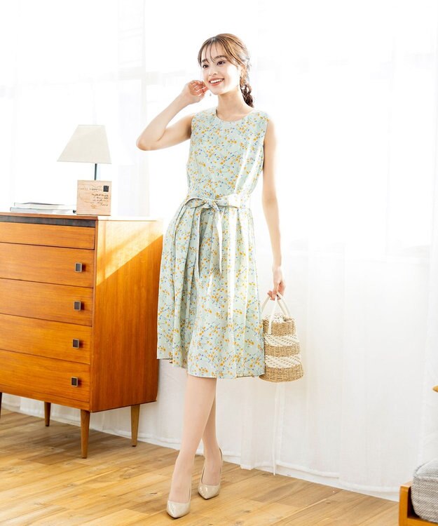 Tiaclasse 【洗える】大人華やかなノースリーブ花柄ワンピース ミント