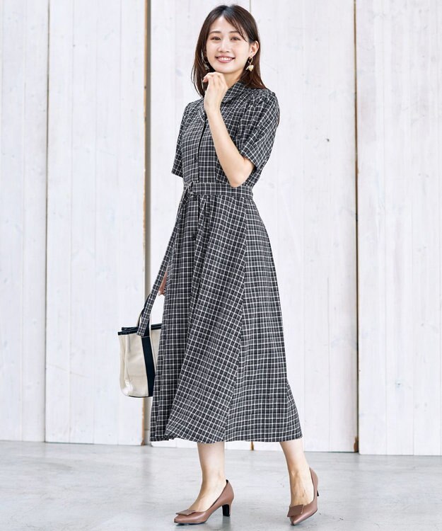 Tiaclasse L 【洗える】開襟シャツワンピース ブラックチェック
