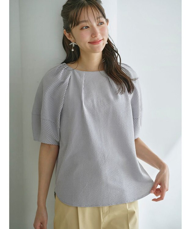 ANY SIS L 【洗える】ランタンスリーブサッカー ブラウス ブルーストライプ