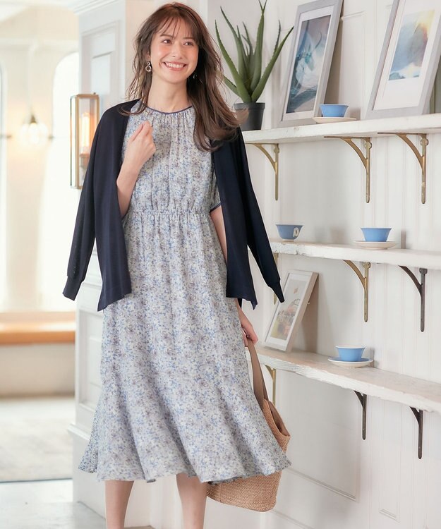 ANY SIS 【洗える】リーフMIXプリント ワンピース ブルー系