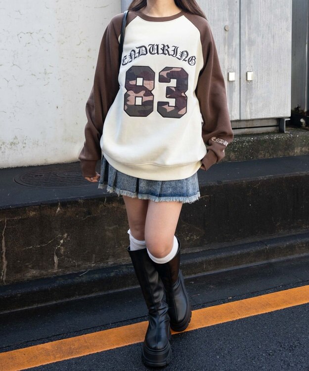 WEGO 【裏起毛】迷彩ワッペンラグランスウェット ブラウン