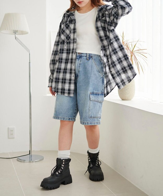 WEGO フードチェックBIGシャツ ブラック