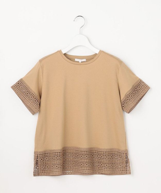 自由区 ナチュラルコットンハイゲージレースドッキング Tシャツ テラコッタブラウン