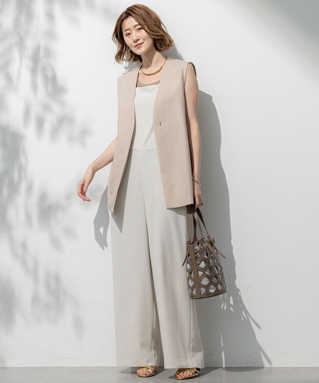 23区 L 【一部店舗限定/吸水速乾/UVカット/接触冷感/洗える】ストレッチジョーゼット オールインワン ベージュ系