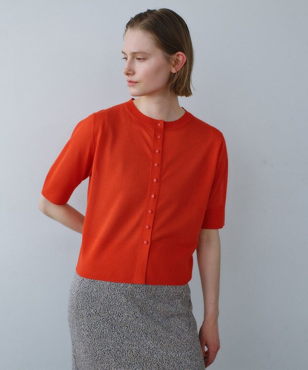 BEIGE， MOISE / シアーニット　5分袖カーディガン Red × Ecru