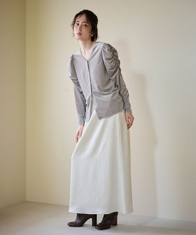 #Newans 【洗濯機可／ 前後着用可】 ギャザースリーブシアーベロアカーディガン ライトグレー