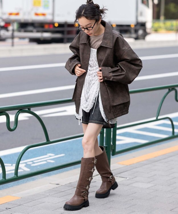 WEGO 【25年秋冬新作/ユニセックス着用ITEM/SMLサイズ展開】PUダブルZIPフライトブルゾン ブラウンその他