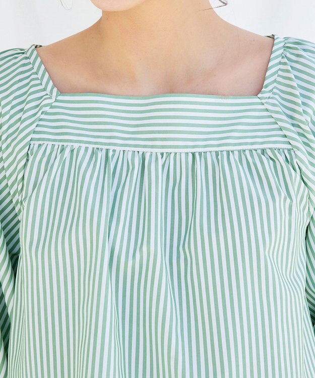 Tiaclasse L 【洗える】ストライプパフスリーブブラウス グリーン