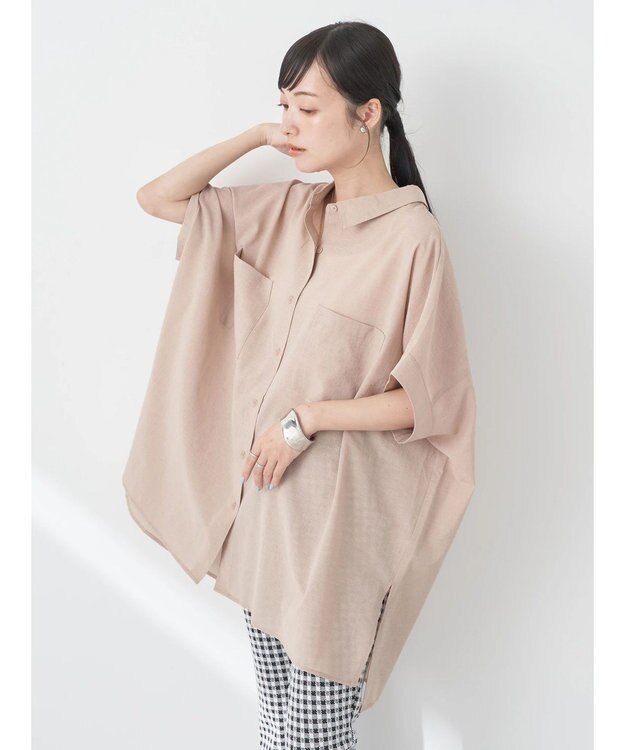 earth music&ecology 配色ステッチＢＩＧシャツ Beige