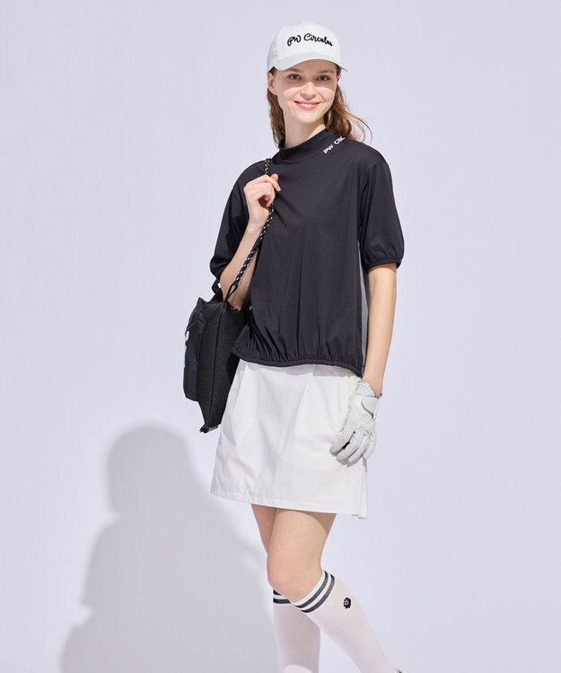 PW CIRCULUS 【WOMEN】パフスリーブメッシュコンビ モックネックT ゴルフウェア レディース ブラック系