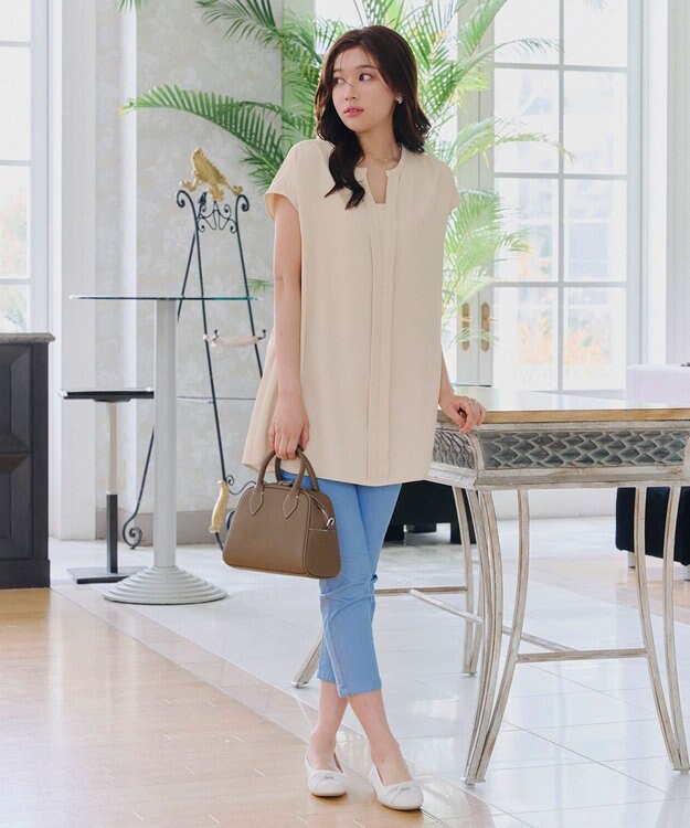 Tiaclasse 【洗える】フレンチスリーブキーネックシャツチュニックブラウス アイボリー