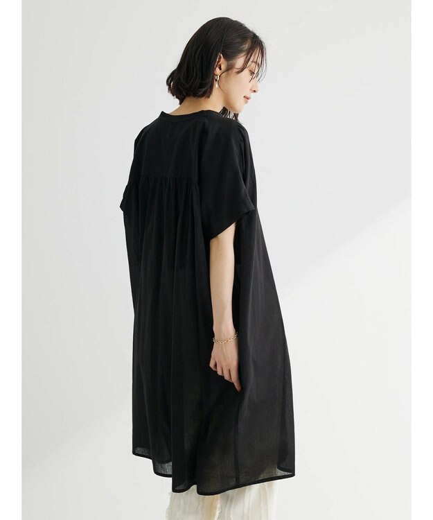 Green Parks インド綿 　ギャザー５分袖チュニック Black