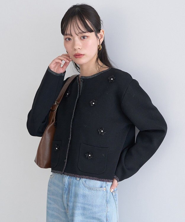 earth music&ecology フラワーモチーフニットカーディガン Black