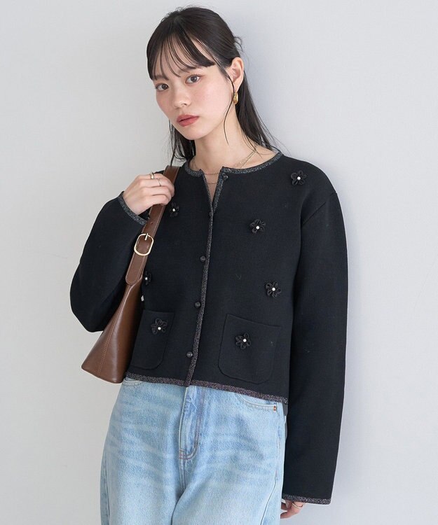 earth music&ecology フラワーモチーフニットカーディガン Black