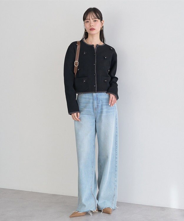 earth music&ecology フラワーモチーフニットカーディガン Black