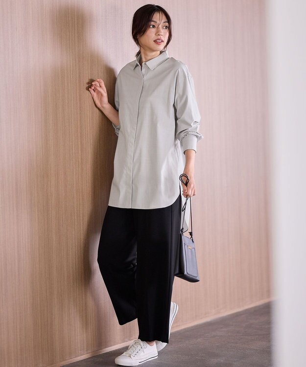 ANY L 【手洗い可能/抗菌防臭/UVカット/速乾】ロングシャツ グレーピンストライプ