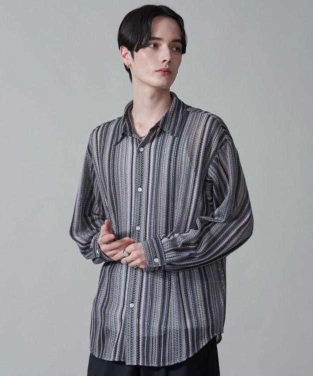 WEGO ストライプメッシュBIGシャツ（LS） グレー