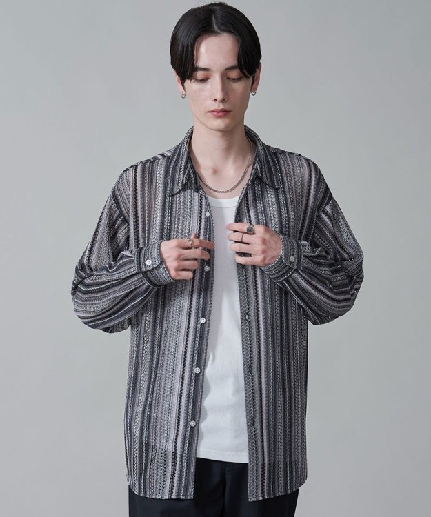 WEGO ストライプメッシュBIGシャツ（LS） グレー