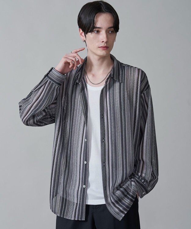 WEGO ストライプメッシュBIGシャツ（LS） グレー