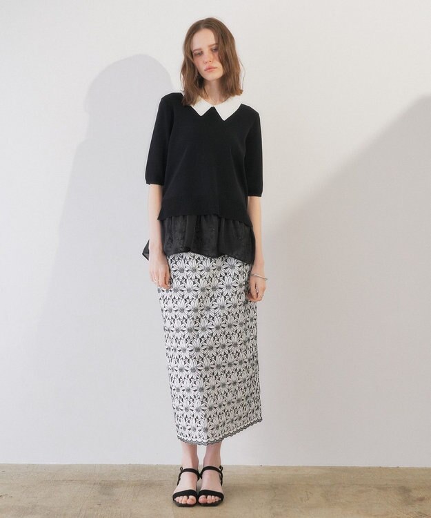 YECCA VECCA フラワーレースロングナロースカート Off White