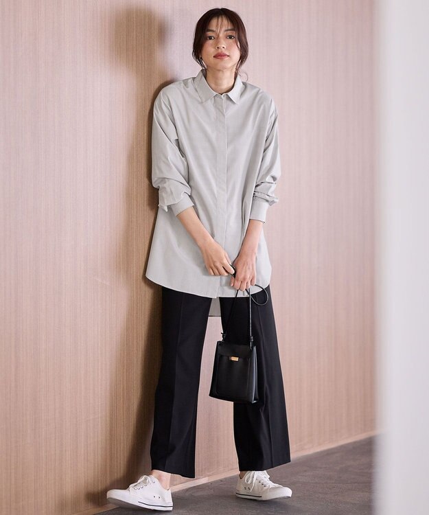 ANY L 【手洗い可能/抗菌防臭/UVカット/速乾】ロングシャツ グレーピンストライプ