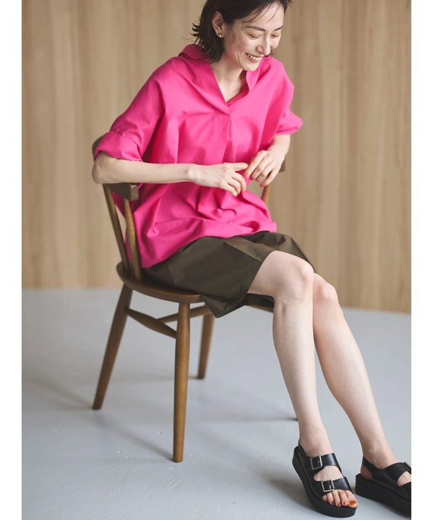 Green Parks 綿麻混スキッパーシャツ Shocking Pink