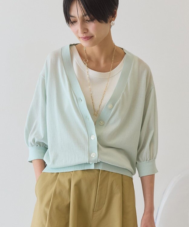 AMERICAN HOLIC 5分袖シアーVネックニットカーディガン Sax
