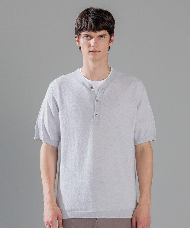 JOSEPH HOMME リネンナイロンプレーン　半袖ヘンリーネックニット ライトグレー系