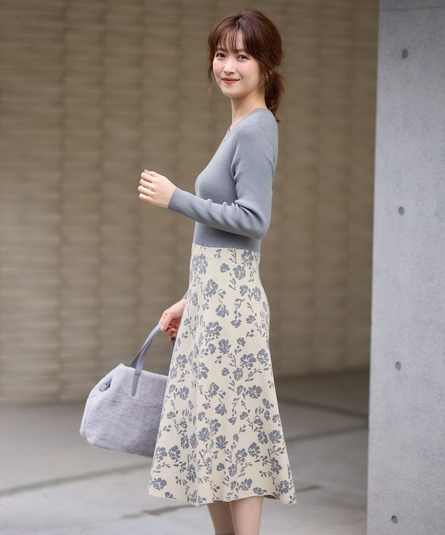 ANY SIS 【美人百花掲載】フラワージャガードニット ワンピース スモーキーブルー×アイボリー