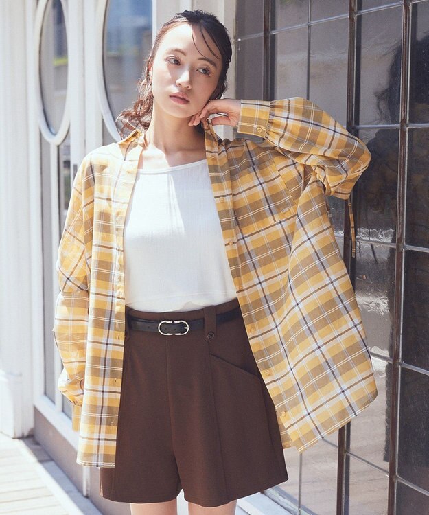 earth music&ecology 【2WAY】２ｗａｙショルダードロストリボンチェックシャツ Yellow