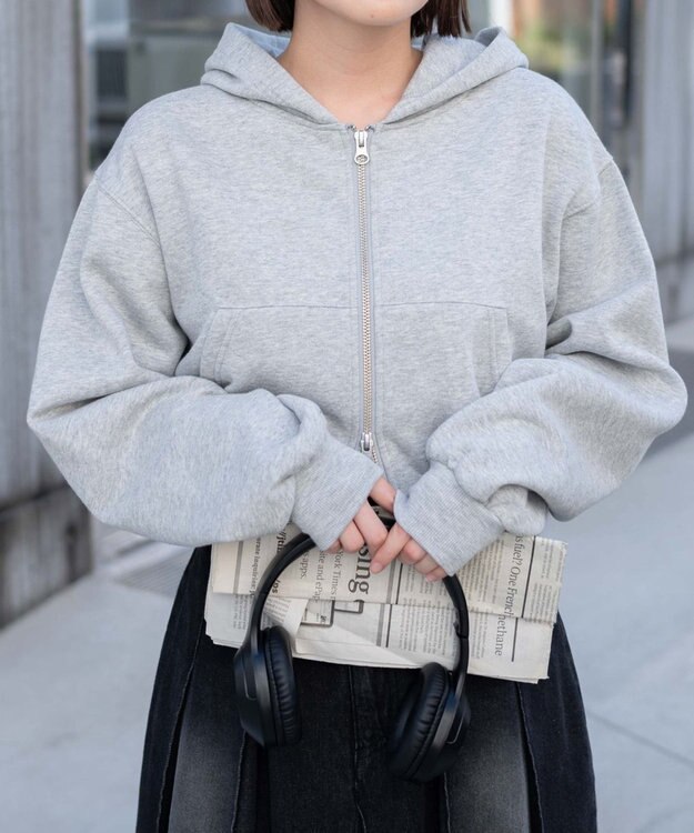 WEGO 【あったか】裏起毛Wジップショートパーカー 杢グレー