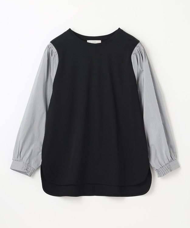 ANY L 【洗濯機可】着映えるシャーリングトップス ブラック×ストライプ